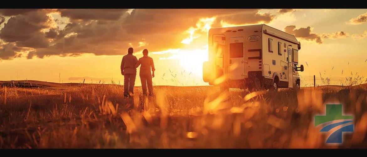 Warm sunset over an RV-turned-clinic in a rural setting, depicting hope.