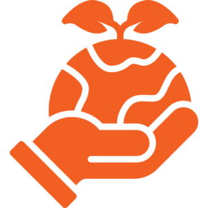 An orange icon of a hand holding the Earth, with two leaves sprouting from the top, symbolizing environmental care or sustainability.