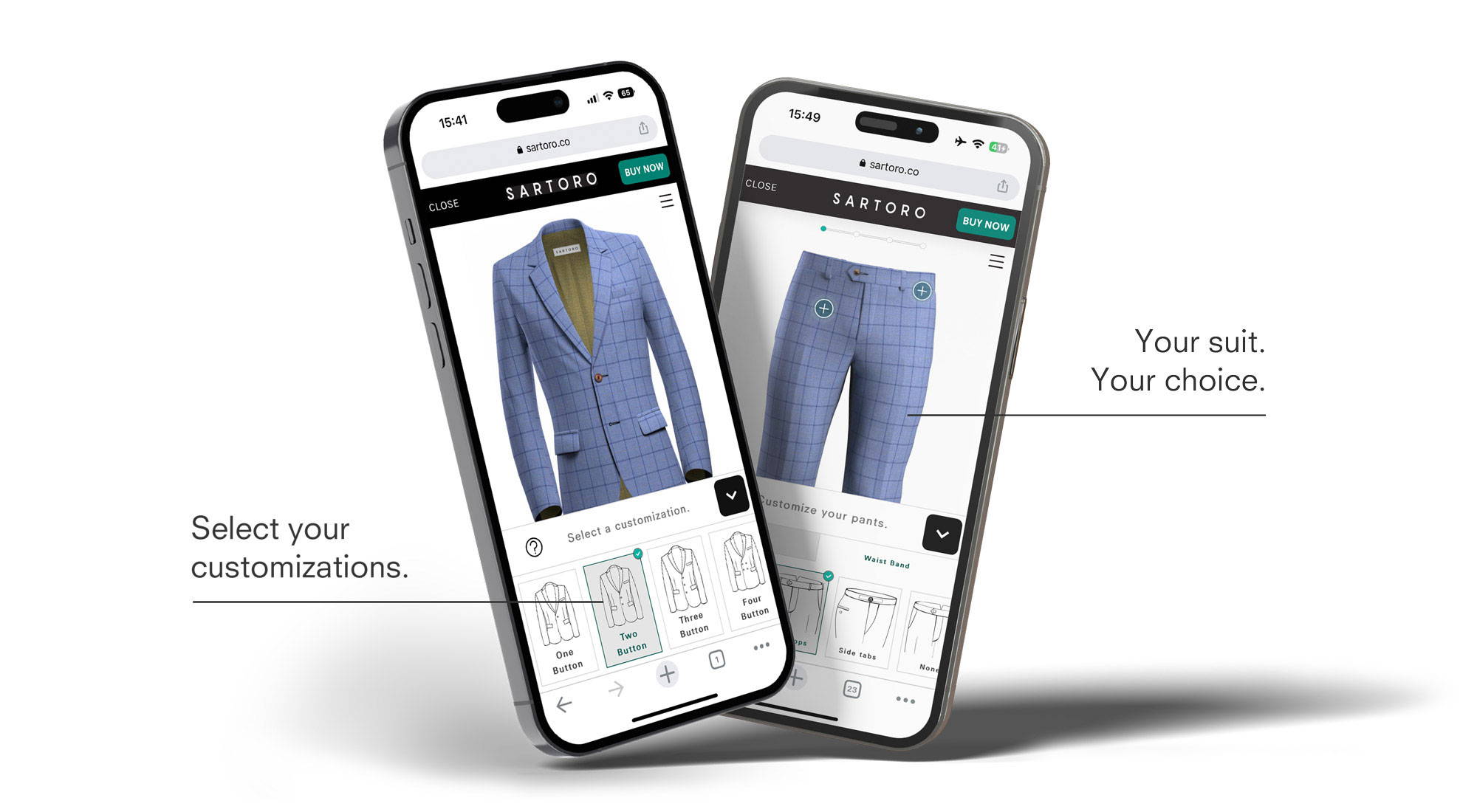 two phones showing the suit design tool