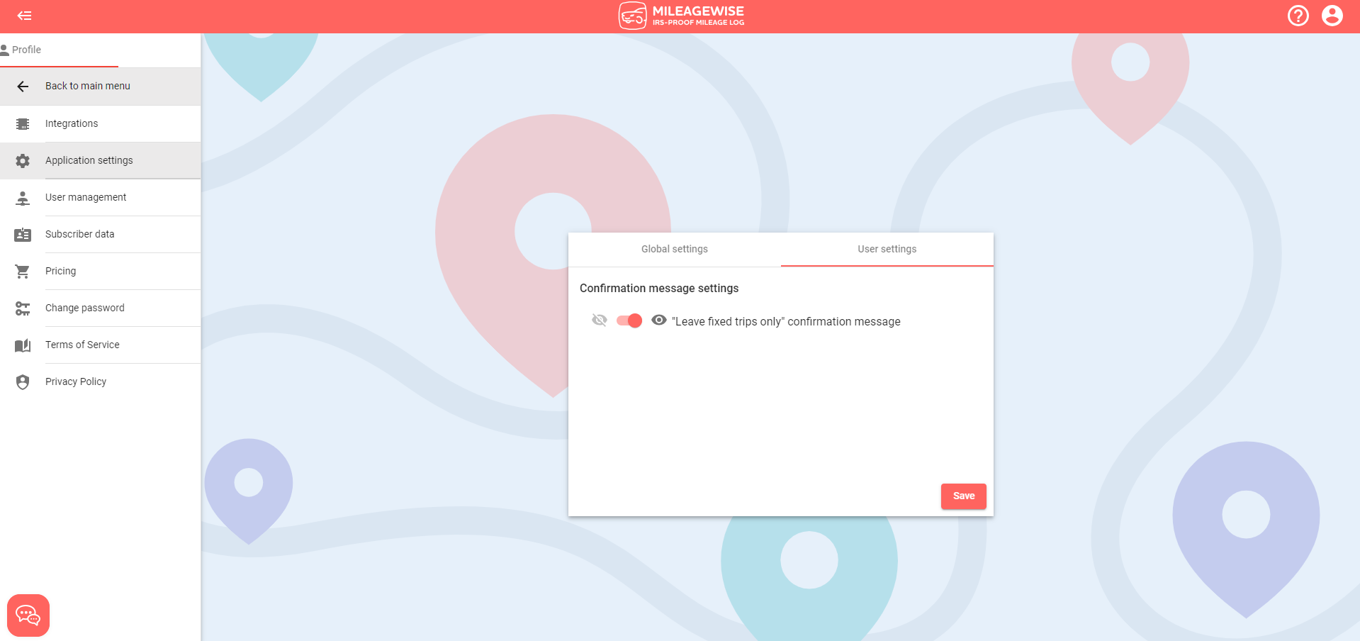 User settings MileageWise