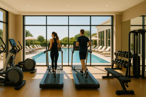 Man and woman exercising on treadmills in a bright gym with floor-to-ceiling windows looking out onto an outdoor swimming pool with lounge chairs.