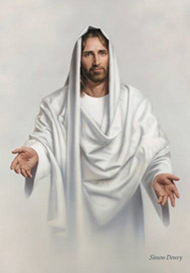 Painting of Jesus in a white robe. He is smiling with his hands outstretched.