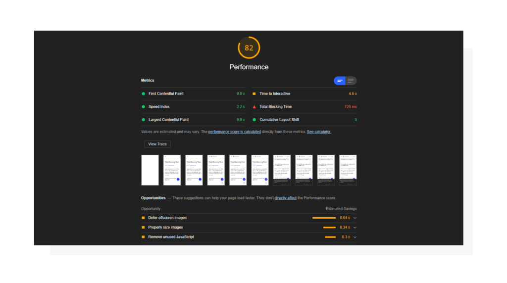 Lighthouse performance report including Total Blocking Time. Lighthouse Performance Report