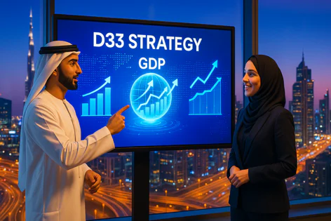 A man in traditional attire and a woman in a hijab look at a screen showing D33 Strategy and GDP charts during a presentation with a city skyline background.