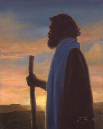 Jesus looking out an evening sky. 