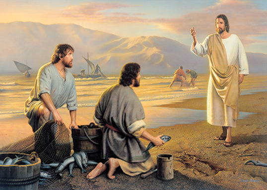 Jesus inviting two of the disciples to leave their fish and follow him.
