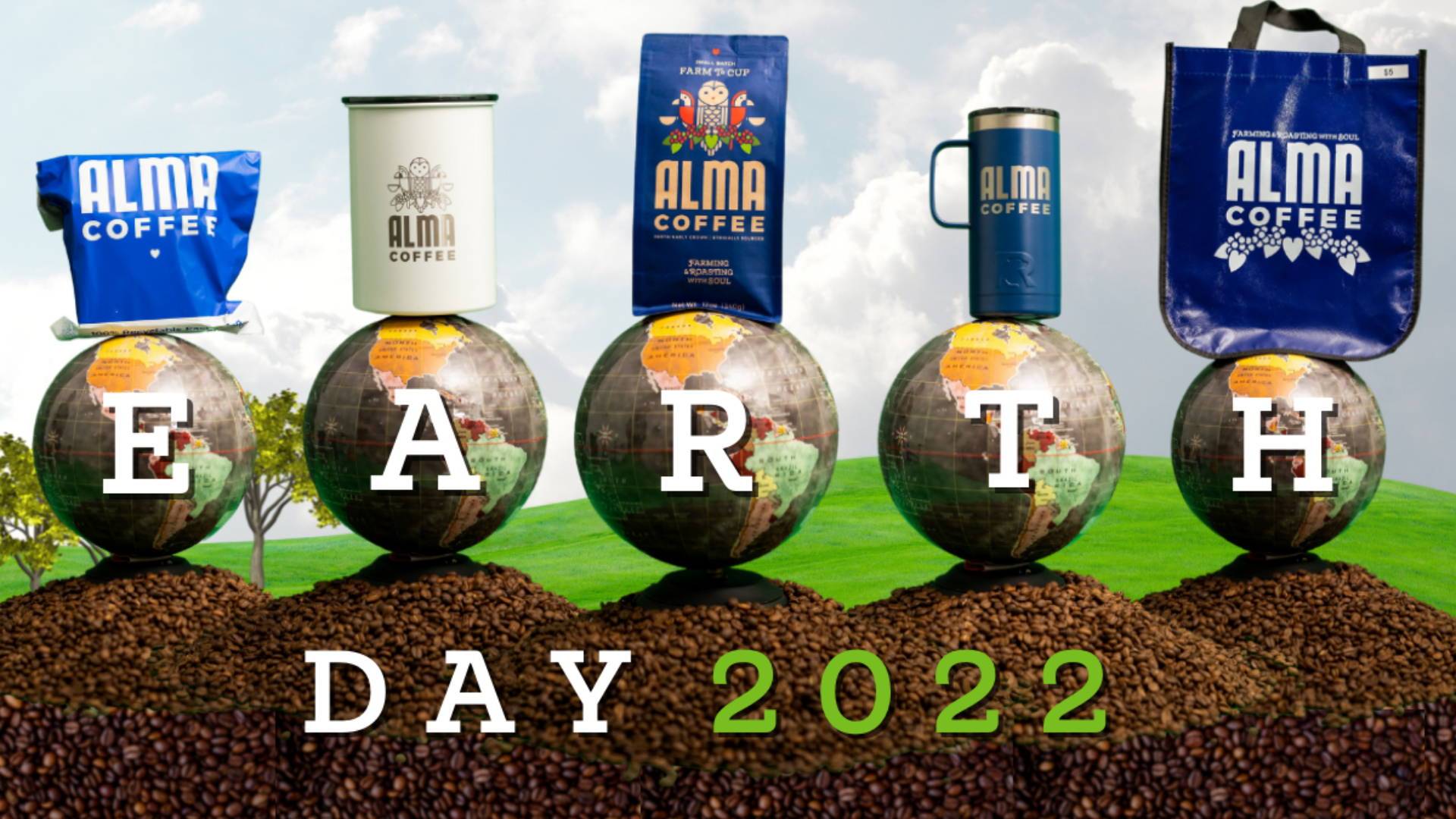 Earth Day Blog Header Image with Globes, Coffee Beans, and Coffee Merchandise