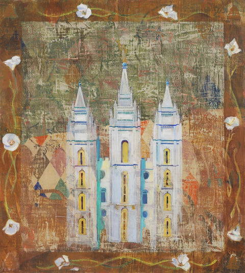 Textured painting of Salt Lake Temple against a brown backdrop framed by a pattern of white lilies.