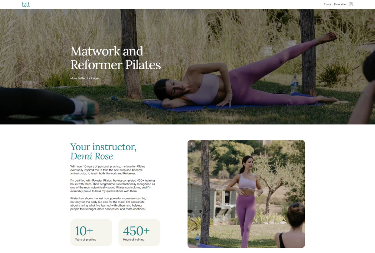 Screenshot of Tilt Pilates, from the pilates websites collection.