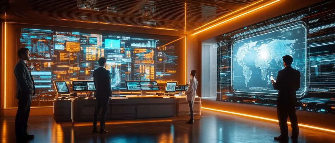 Futuristic healthcare hub with diverse experts collaborating on dynamic digital data.