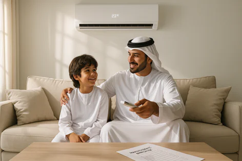 A smiling father and son wearing traditional attire sit comfortably on a sofa in their living room, looking at each other. An AC unit is mounted above, displaying 230C.