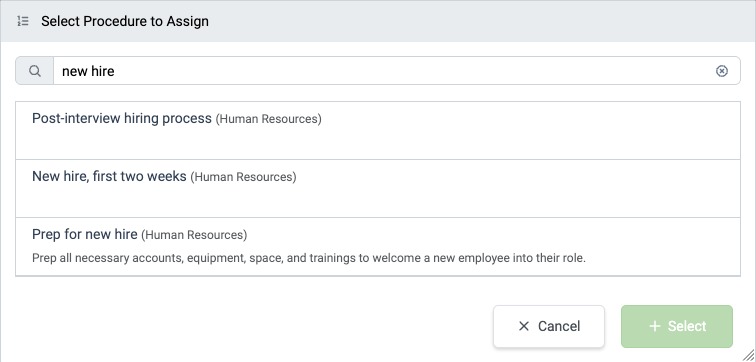 Select Procedure to Assign dialog with search results