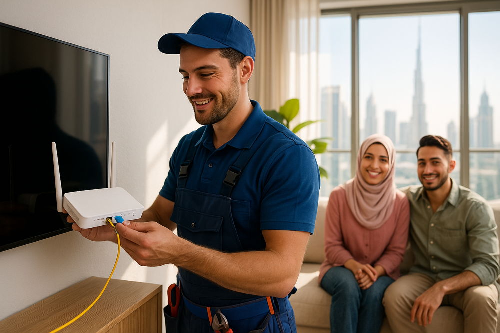 Smiling technician in blue uniform installs a white internet router for a happy couple in their apartment with a city view.