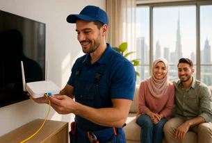 Smiling technician in blue uniform installs a white internet router for a happy couple in their apartment with a city view.