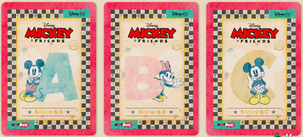 Alphabet cards from the Kakawow Hotbox Mickey & Friends Cheerful Times Trading Card set.