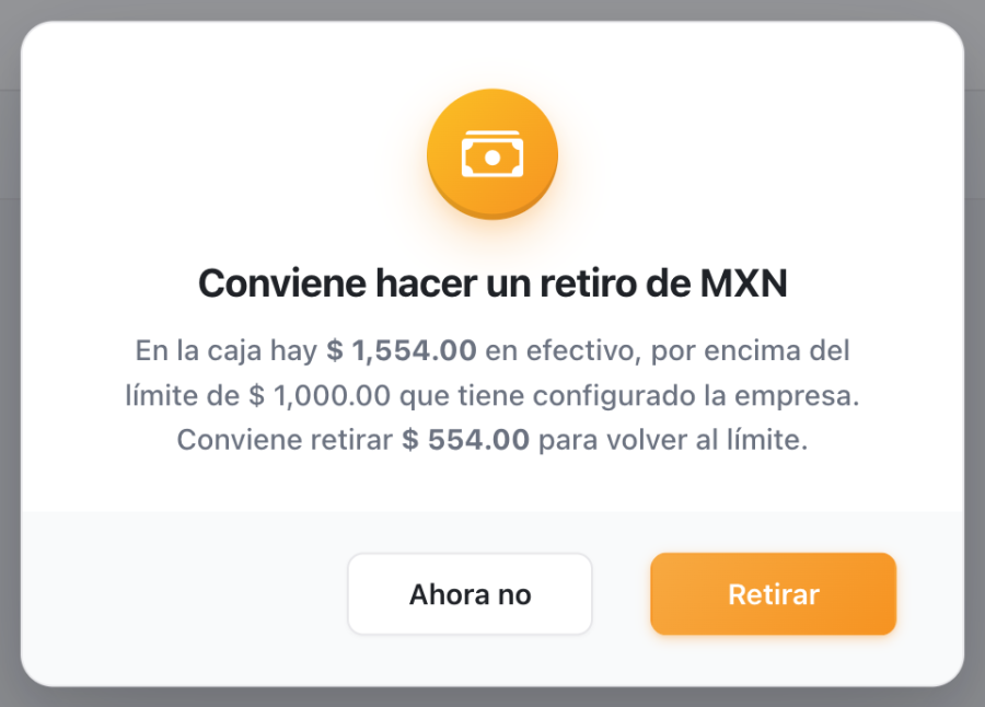 Aviso: conviene hacer un retiro de MXN porque el efectivo supera el limite configurado