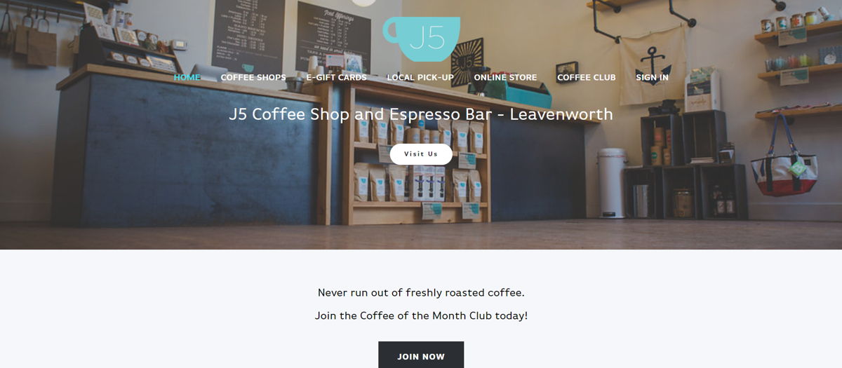 Screenshot of J5 Coffee, from the cafe & coffee shop websites collection.