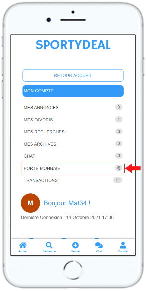 Image smartphone page MON COMPTE de l'application / site web SPORTYDEAL, affichage de différente catégorie tel que "MES ANNONCE" ou "PORTE MONNAIE" qui mis en évidence.