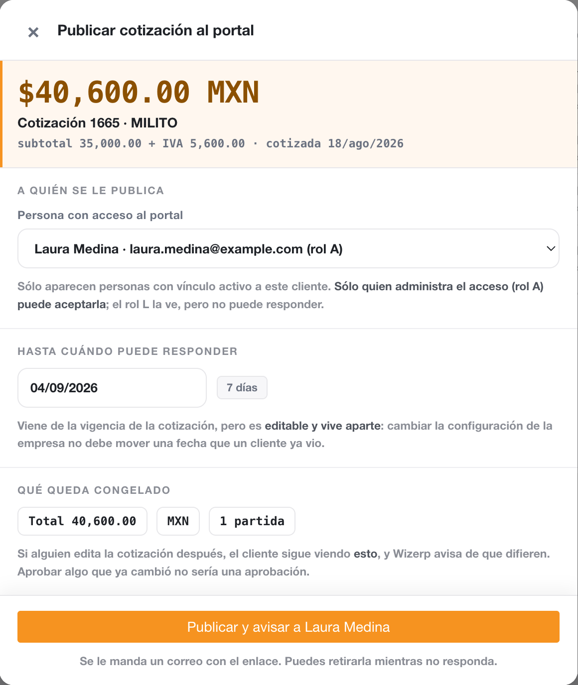 Ventana Publicar cotizaci&oacute;n al portal con el importe, a qui&eacute;n se le publica, el plazo y lo que queda congelado