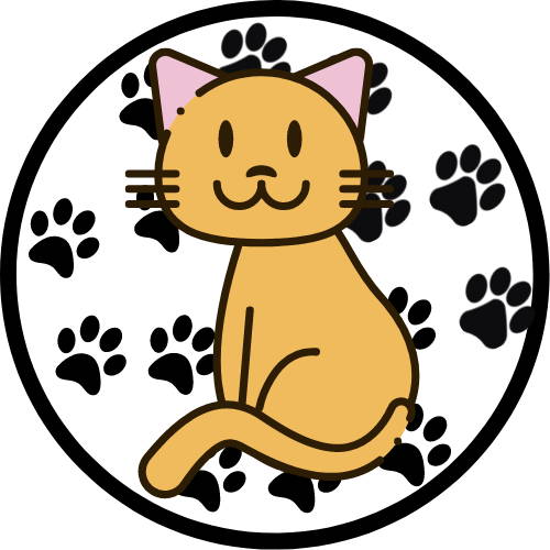 Graphic of a cat on a black and white paw print background