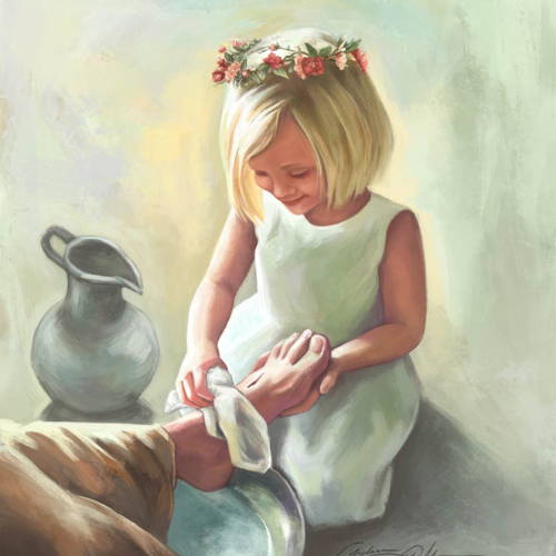 Little girl cheerfully washing Jesus' feet.