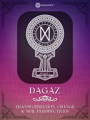 Dagaz Rune Meaning with design by Occultify. Rune of protection, safety and defense. Purple and pink background with lightly overlayed runes and ornate border.