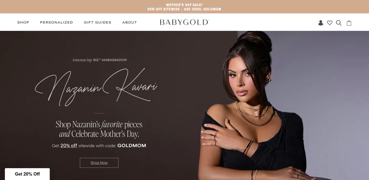 Screenshot of Babygold, from the shopify jewelry stores collection.