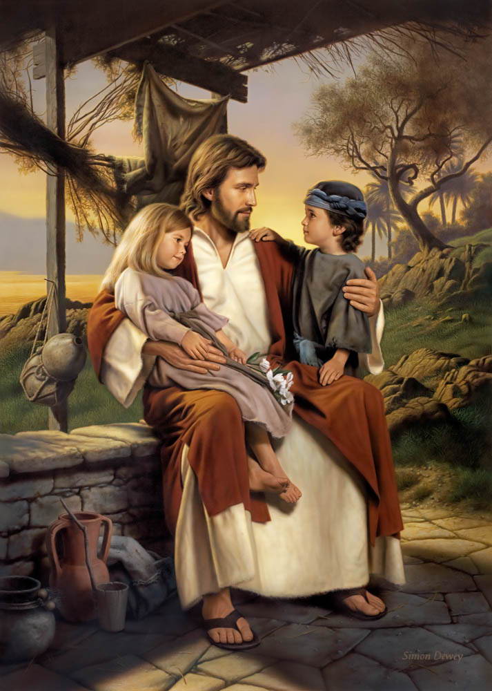 Jesus sitting with a little girl on his knee and His arm around a little boy.