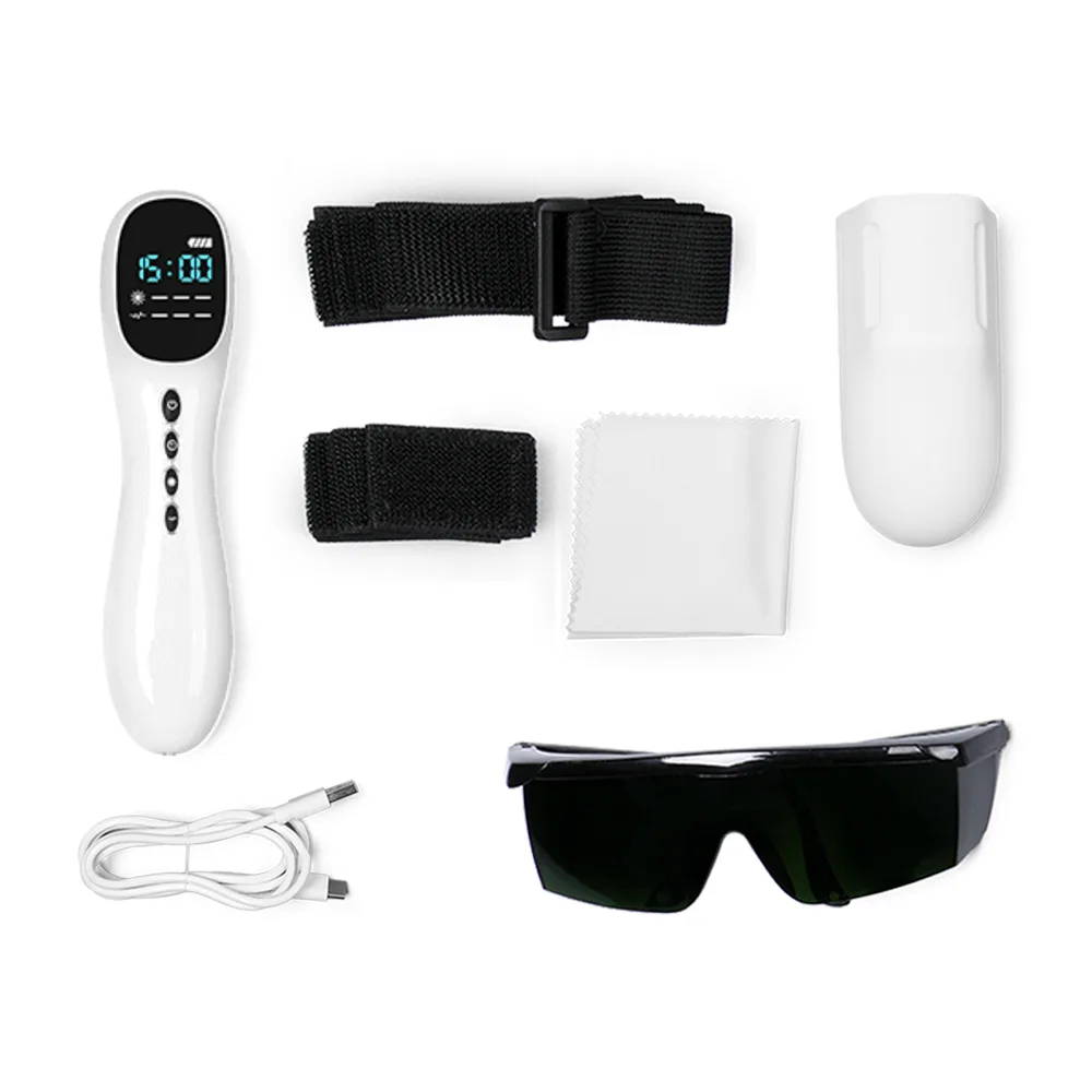 Laser and TENS therapy device shown in box with included components