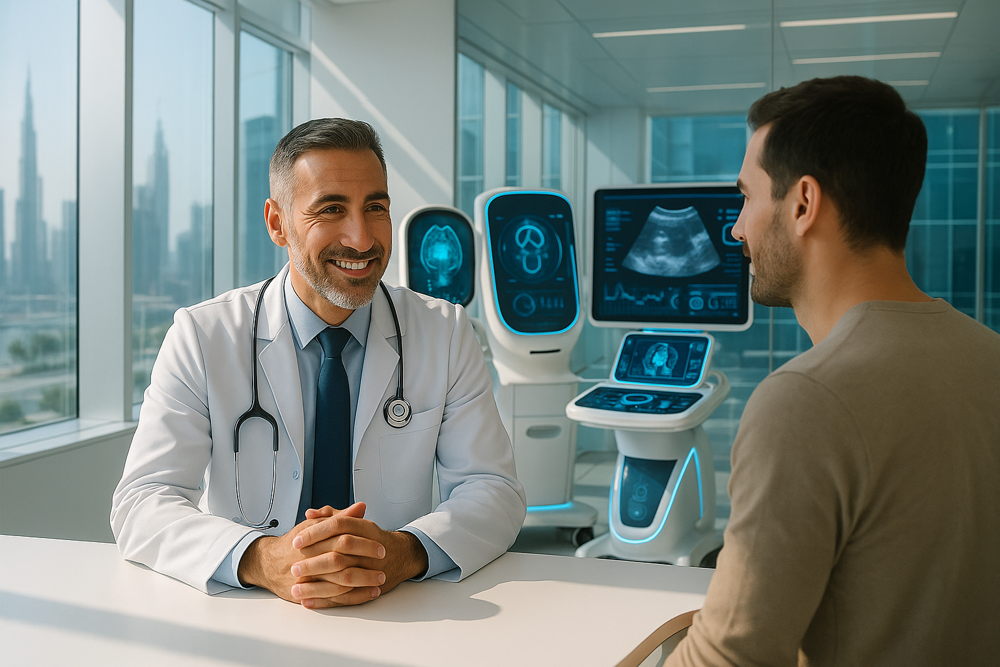 Smiling male doctor talks to a male patient in a modern medical clinic with large windows overlooking a city and advanced imaging machines.
