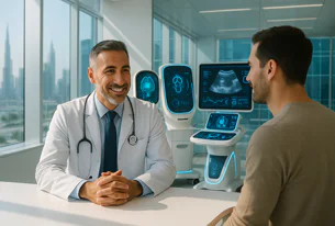 Smiling male doctor talks to a male patient in a modern medical clinic with large windows overlooking a city and advanced imaging machines.