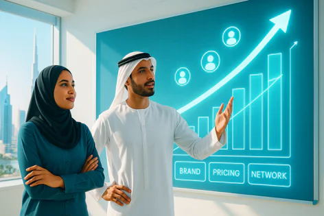 Middle Eastern man and woman presenting a digital screen with a business growth chart showing rising users, a bar graph, and strategic points BRAND, PRICING, NETWORK. Cityscape in background.