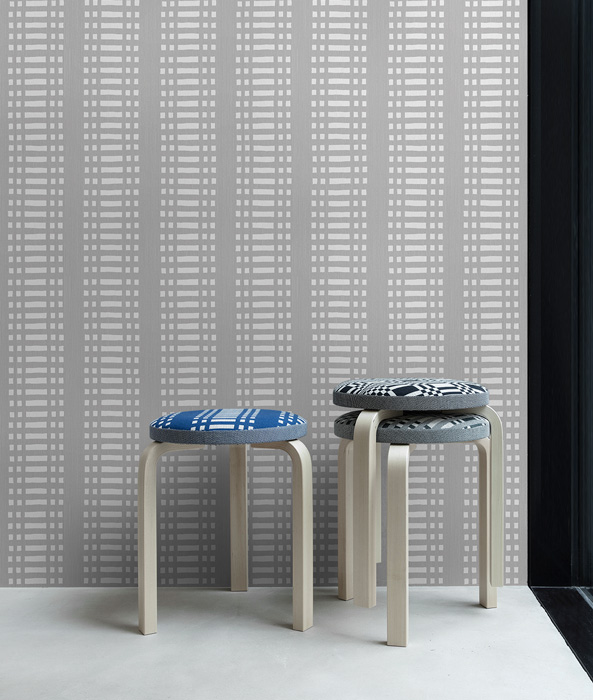 grey modern geometric wallpaper with stools