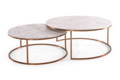 White round marble nested coffee tables with a brushed gold metal base