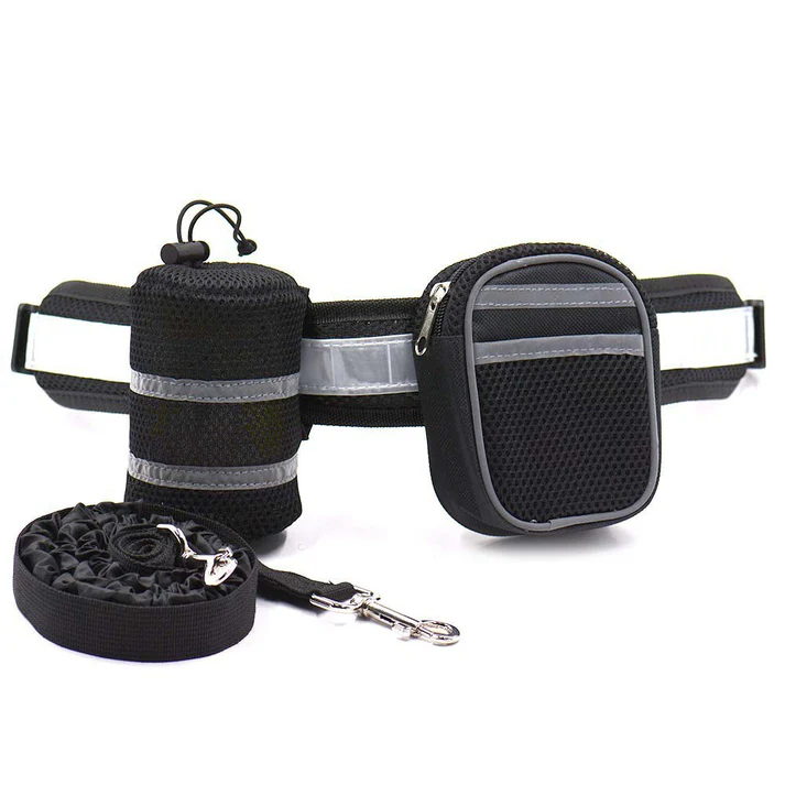 Reflective Pet Waist Bag with Hands-Free Leash for Night Safety - Adjustable Waist Pack with Detachable Pouches