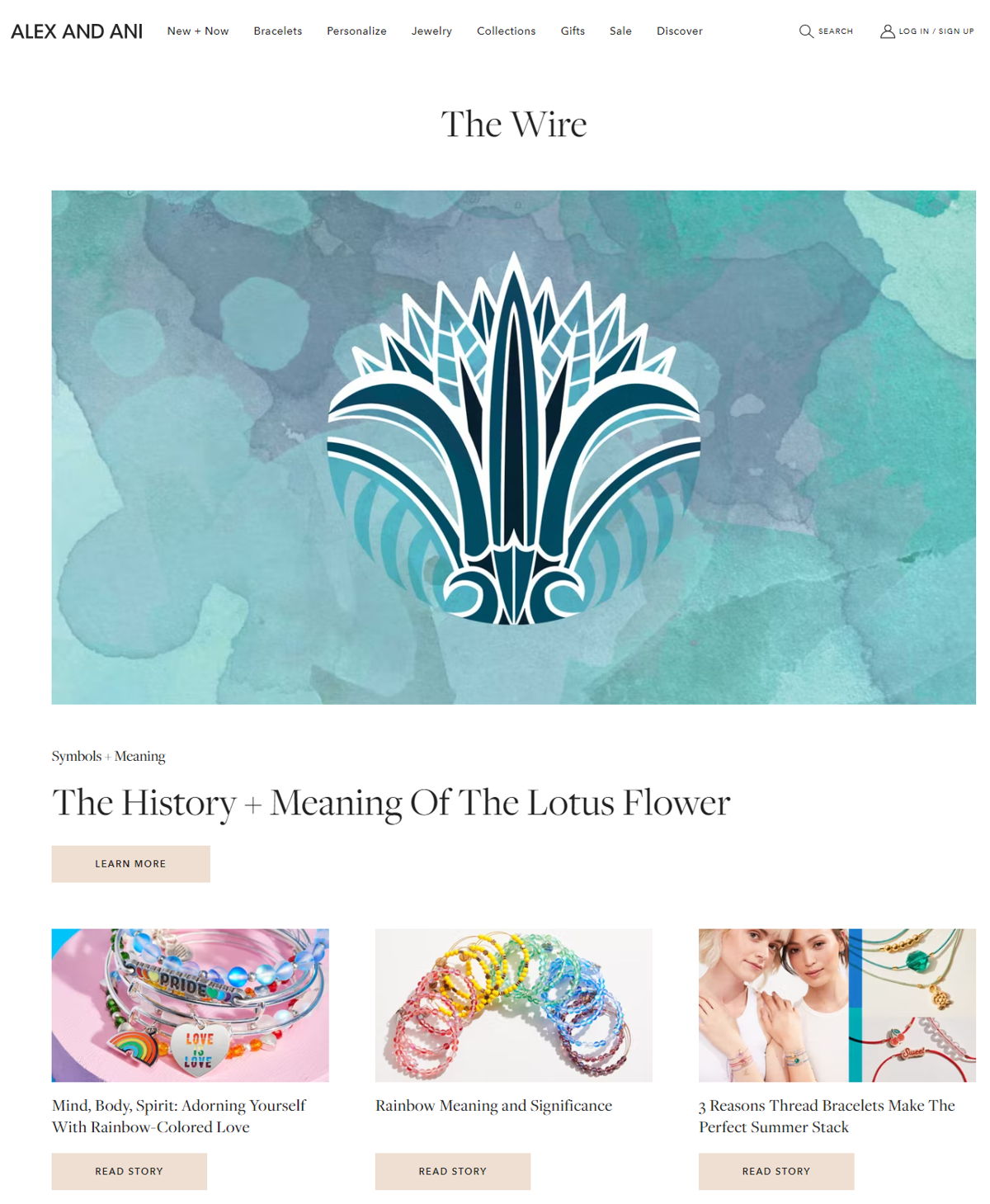 Screenshot of The Wire - ALEX AND ANI Blog, from the shopify blog examples collection.