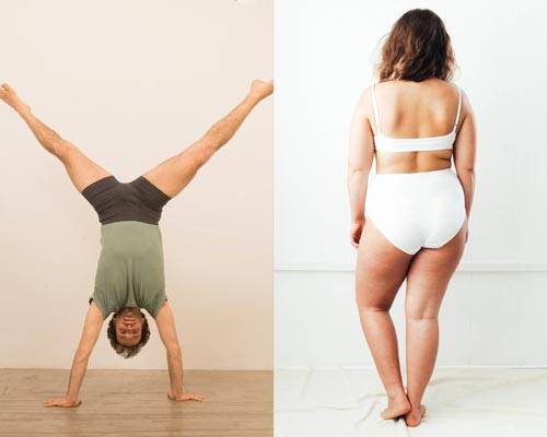 Man doing the splits upside down wearing Pico organic cotton boxers and woman standing wearing high-rise briefs and bra in white