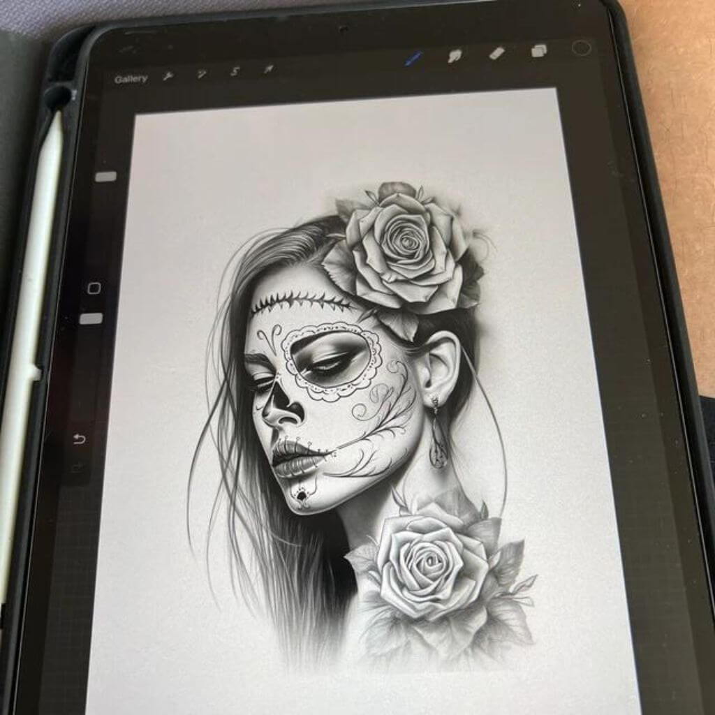 Woman's face with roses in gothic style shown on iPad with Procreate