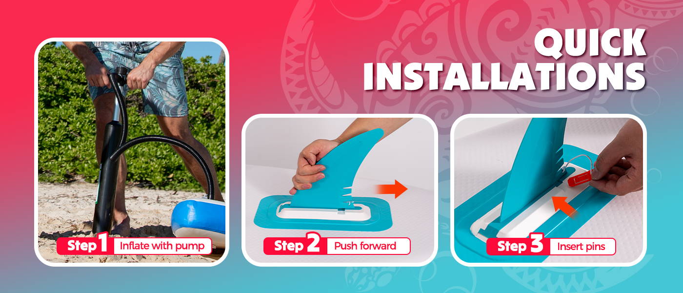 Funwater paddle board can quick installations: inflate your iSUP with pump, push fins forward, insert fin pins