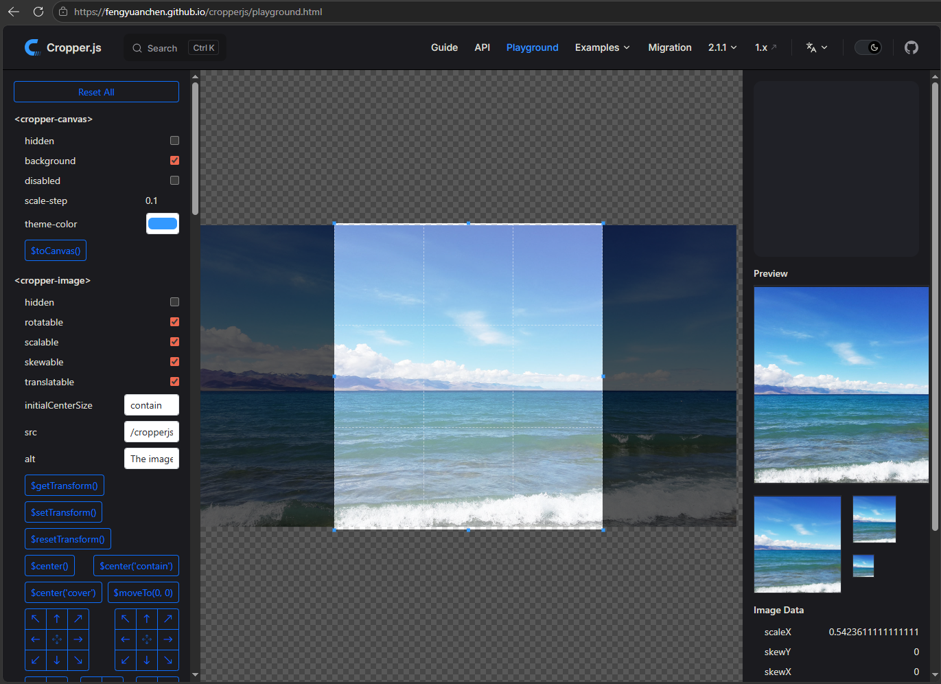 Screenshot of Cropper.js demo interface with a seascape image being cropped.