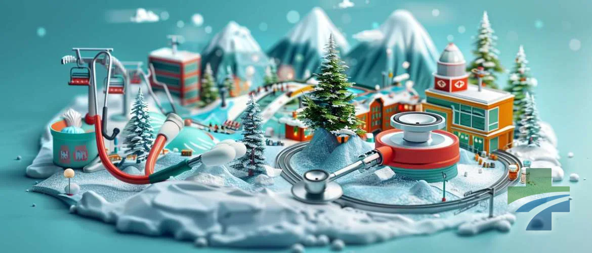 Whimsical blend of hospital and ski resort in a vibrant illustration