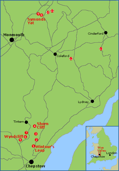 Map of the rock climbing areas in the Wye Valley