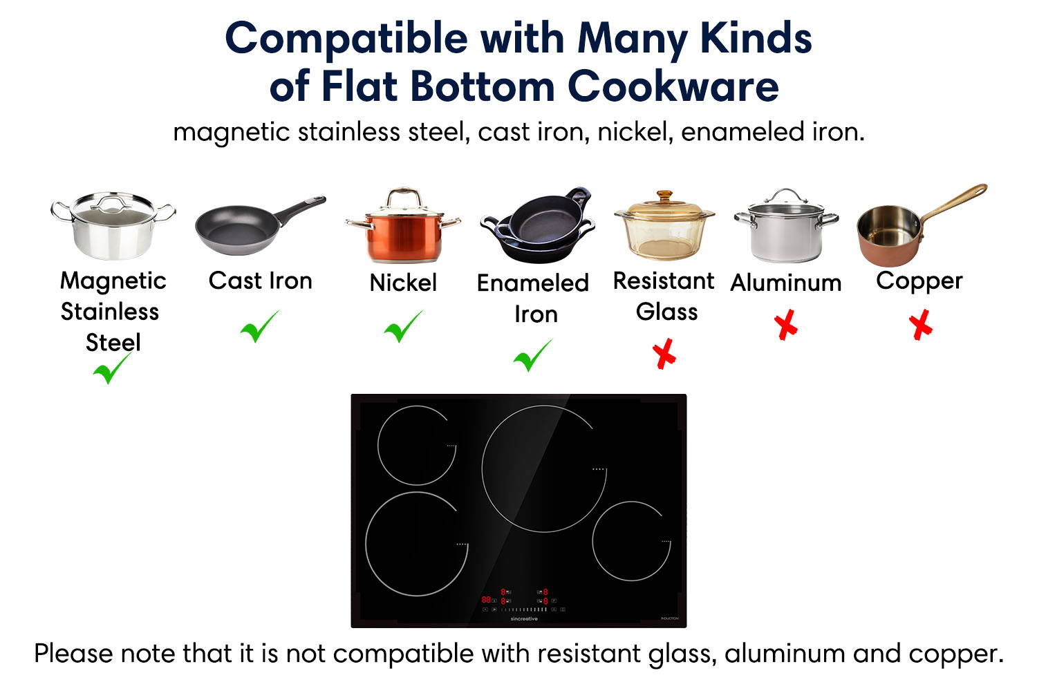 Compatible with many kinds of flat bottom cookware magnetic stainless steel cast iron nickel enameled iron 