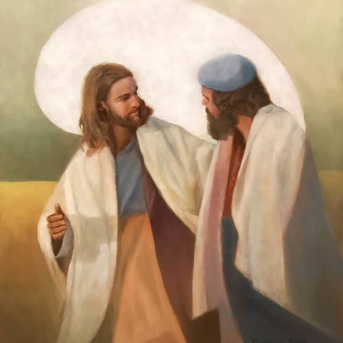 Painting of Jesus walking and speaking warmly with a friend.