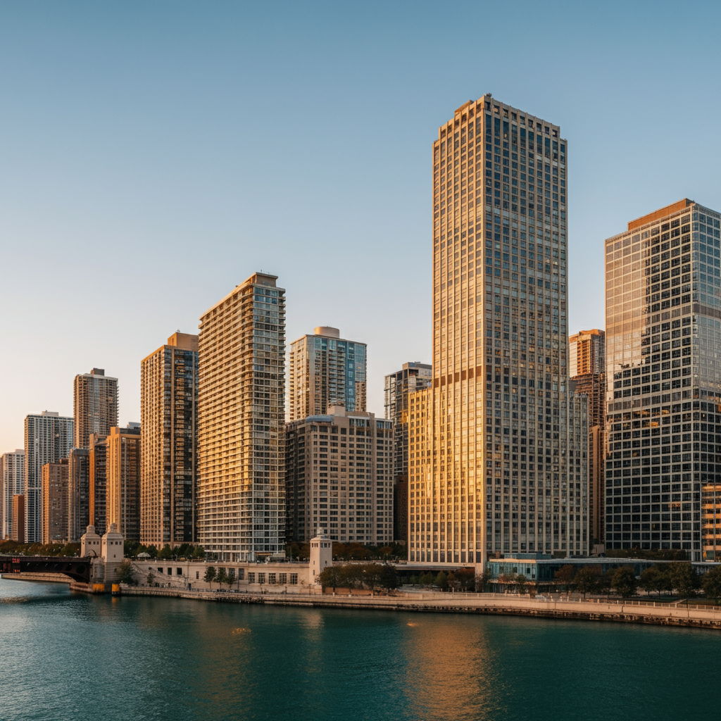 Streeterville waterfront at sunset with modern high-rises reflecting golden light, representing the neighborhood's projected price trends. The composition suggests steady growth in property values, particularly for units with premium views and amenities that continue to attract affluent buyers.