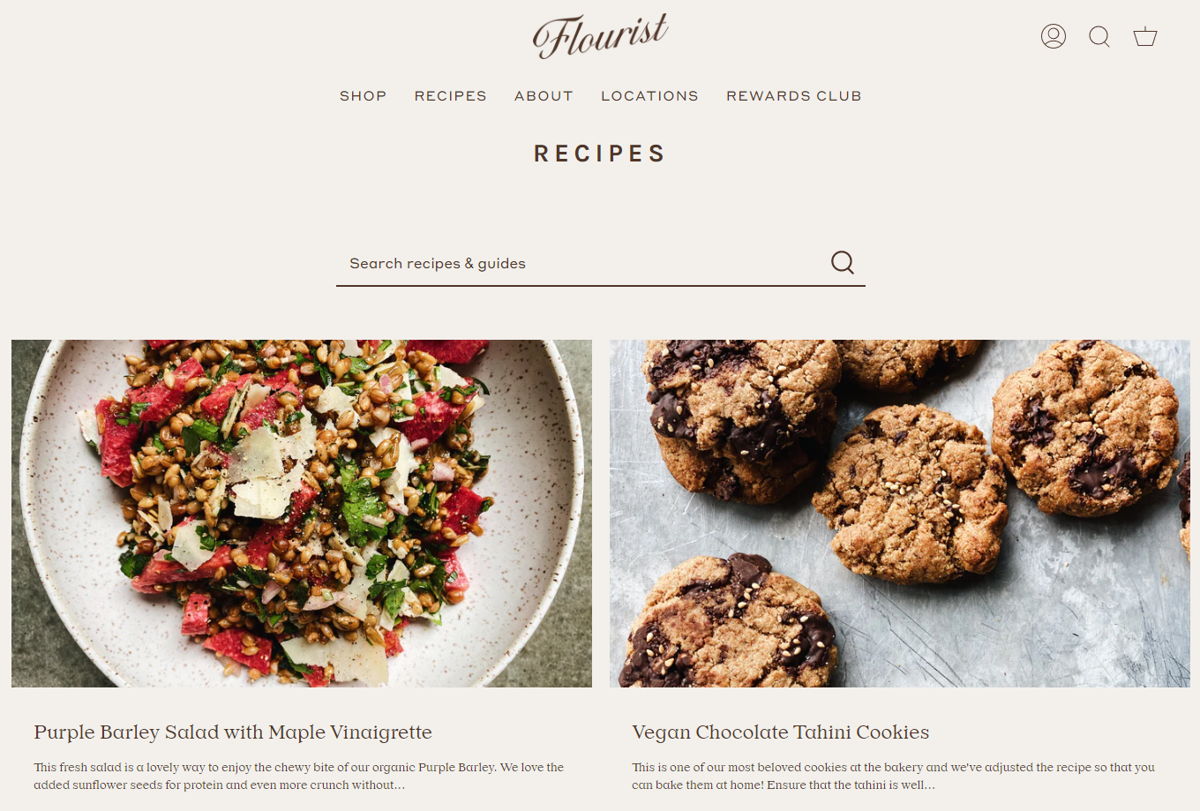 Screenshot of Recipes by Flourist, from the shopify blog examples collection.