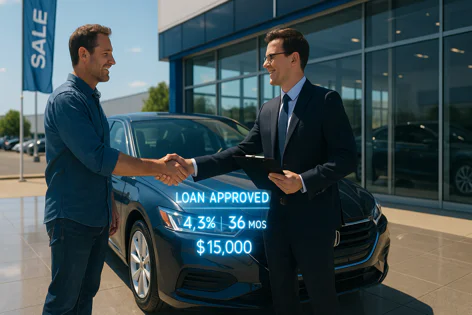 Customer shaking hands with car salesman at dealership after loan approval showing 4.3% rate, 36 months, $15,000.