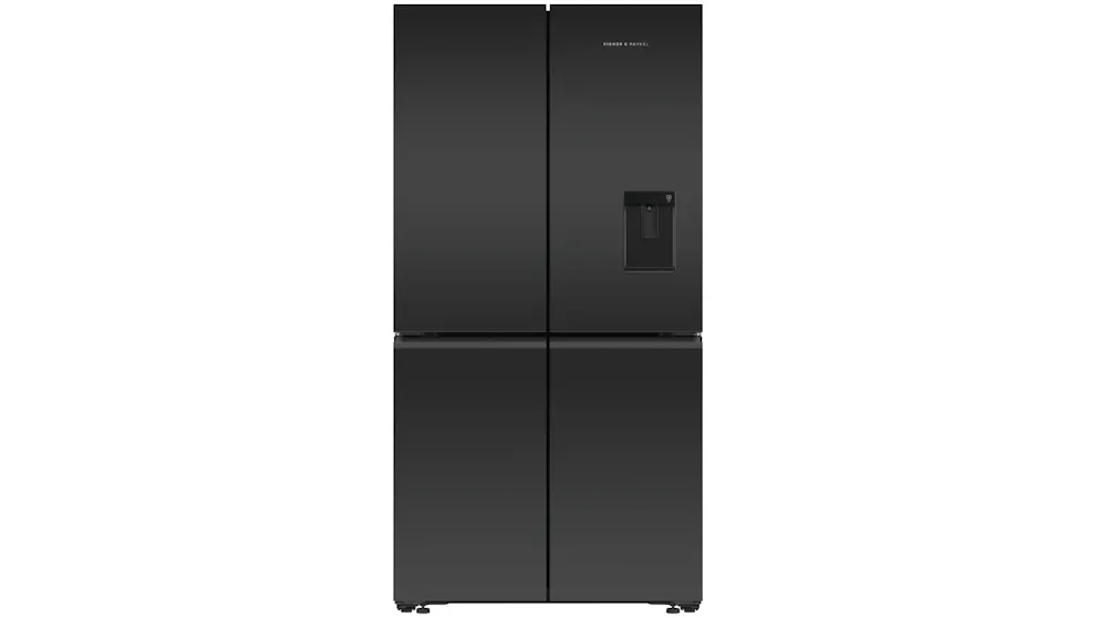 Fisher & Paykel 538L Recessed Handle Quad Door Fridge with Ice & Water Dispenser – Matte Black Glass