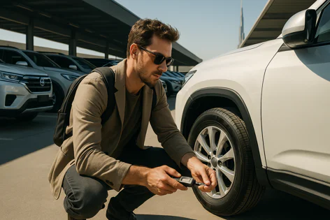 A man wearing sunglasses kneels beside a white SUV in a parking lot, using a digital gauge to check the tire pressure.
