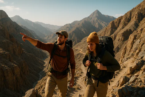 A man points while hiking with a woman through a rocky desert mountain landscape. They wear backpacks, exploring the arid terrain under a clear sky.